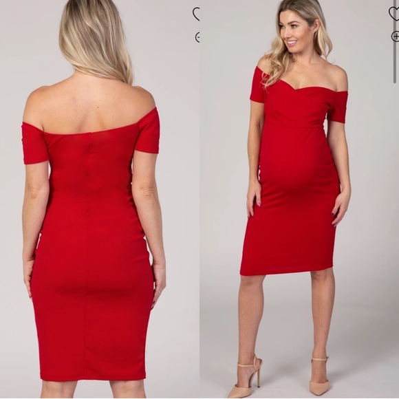 PinkBlush Red Solid Off Shoulder Sweetheart Neckline Maternity Fitted Dress - Picture 3 of 10